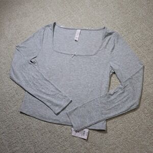 Auden Women Gray Ribbed Long Sleeve Sleep Shirt Square Neck Bow Detail NWT M